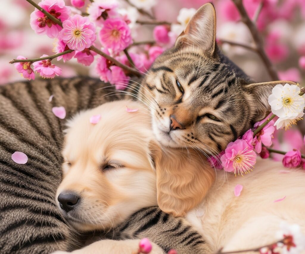 梅の花が咲く春の庭で、仲良く寄り添う犬と猫。静岡県東部の穏やかな立春を感じるイメージイラスト