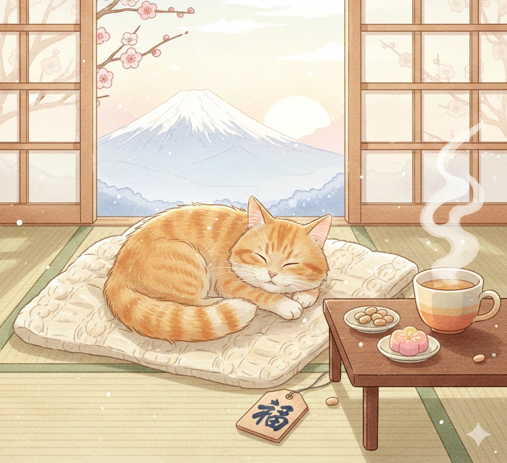 富士山を背景に春を待つペットのイラスト